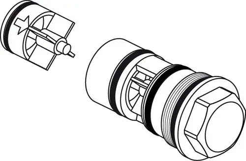 Schematische Darstellung einer Rückflussverhinderer-Einheit von Ideal Standard, bestehend aus einem Gehäuse und einem inneren Mechanismus zur Verhinderung von Rückfluss.